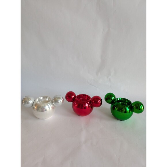 Disney Christmas Mickey Mouse Ear Candle Votive Holders Glass Peace Joy Love - Picture 1 of 5